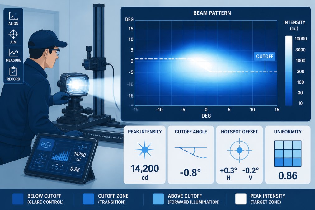Professional technician measuring headlight beam pattern on standardized test rig with precision instruments, showing illuminated test screen displaying intensity distribution grid and cutoff line analysis