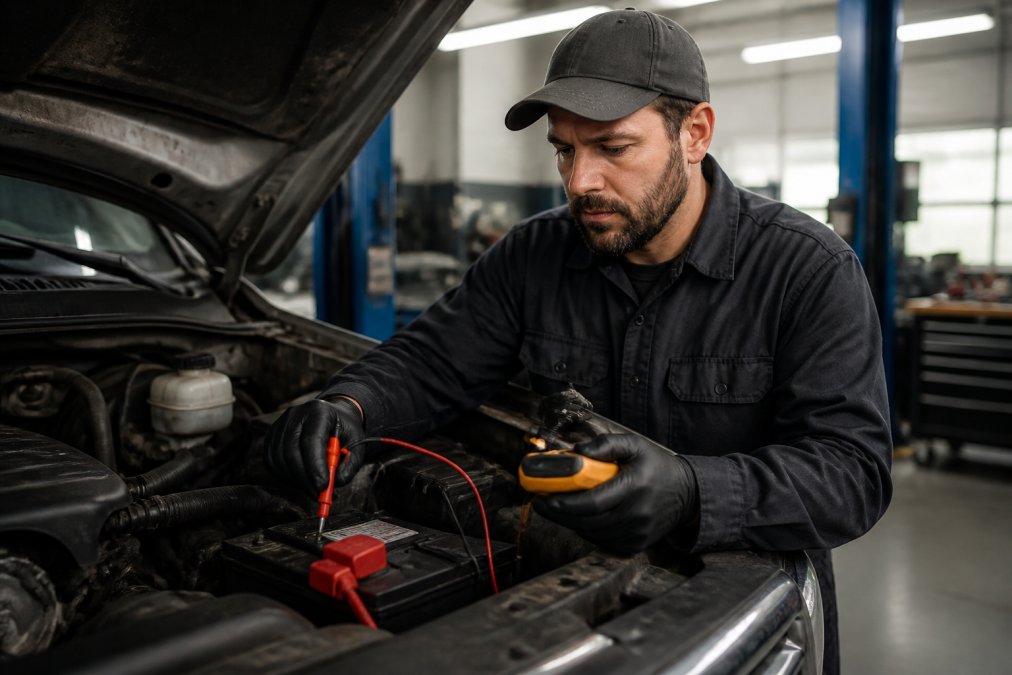 Professional mechanic using digital multimeter to test truck battery voltage with engine running in a modern garage setting with fluorescent lighting