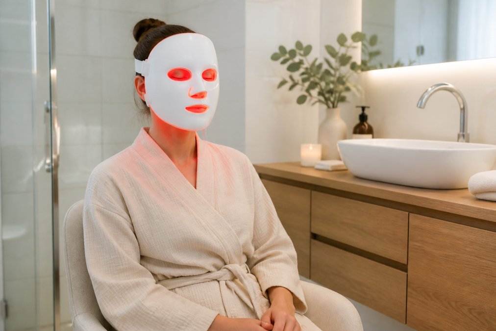 Vrouw met een gevoelige huid gebruikt thuis veilig LED-lichttherapie voor rosacea met een comfortabel masker.