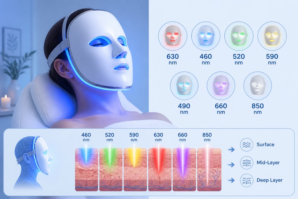 Professional illustration showing LED light therapy masks