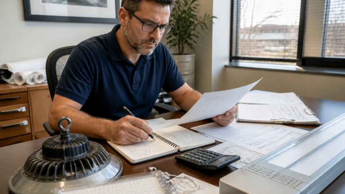 Facility manager reviewing LED retrofit cost analysis documents and installation specifications at desk with LED fixtures and technical materials visible