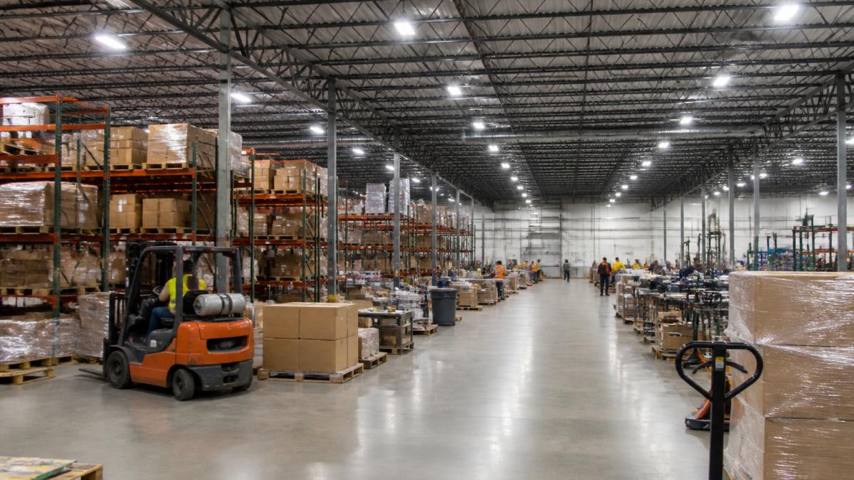 Infographic showing how LED lighting safety for warehouse workers improves visibility across aisles and workstations.