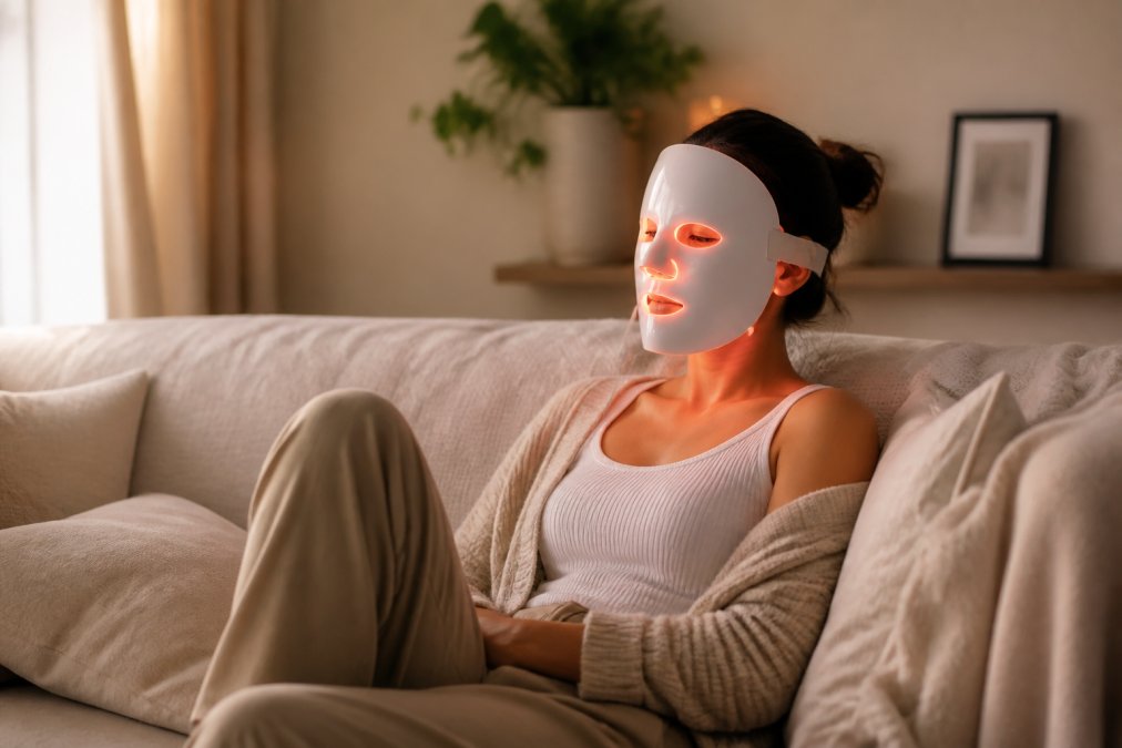 Vrouw die thuis ontspannen zit terwijl zij een LED-gezichtsmasker draagt, in een rustige woonkamer met zachte verlichting
