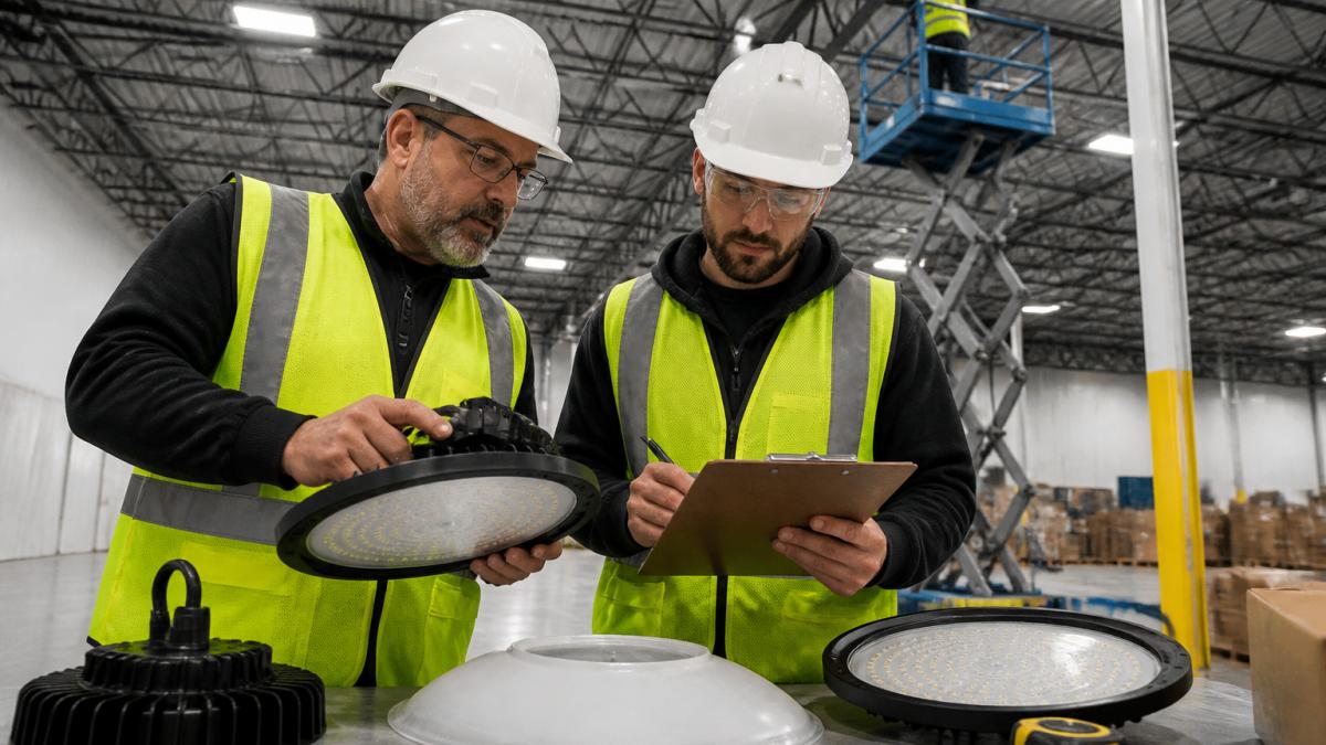 Facility manager and energy auditor reviewing lighting fixtures in a warehouse with high-bay LED installation in progress, examining fixtures with measurement tools and clipboards with assessment notes
