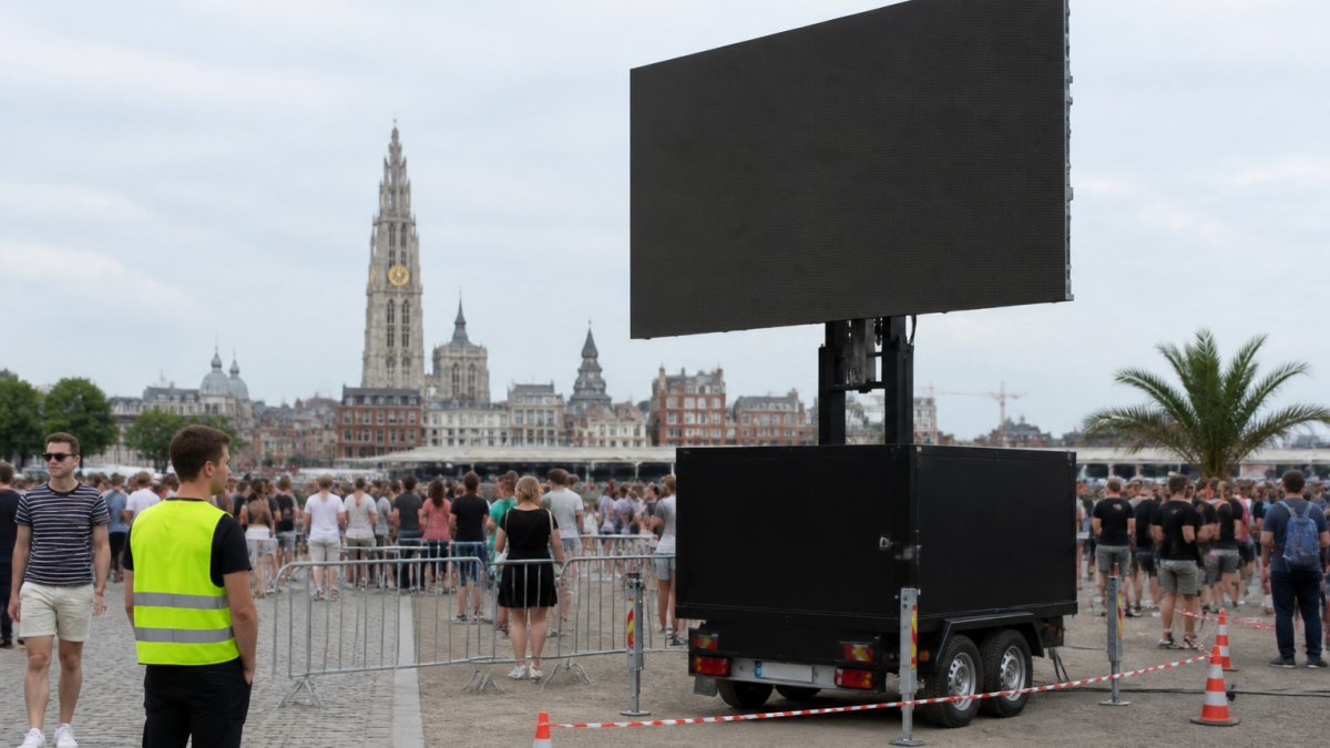 Professioneel opgestelde LED-scherm aanhangwagen op een druk evenemententerrein in Antwerpen, met duidelijke zichtlijnen naar het publiek, stabilisatiepoten zichtbaar en veiligheidsafstand rond het scherm