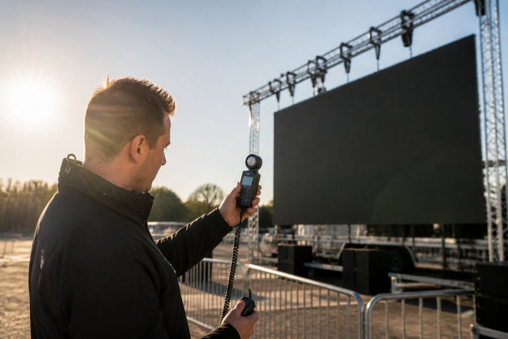 Technicus met professionele lichtmeter die buiten de helderheid van een LED-scherm meet, met zonlicht op de achtergrond en het scherm zichtbaar in het kader