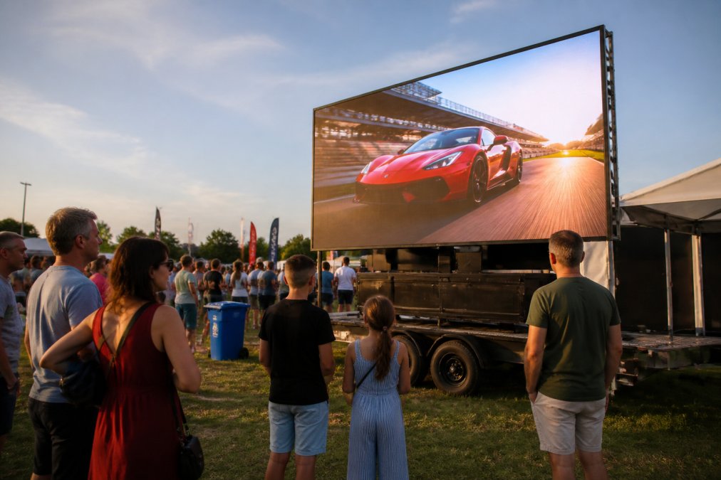 Een mobiele LED-aanhangwagen op een evenemententerrein met een groot helder scherm dat een reclameboodschap toont, omstanders die ernaar kijken in het late middaglicht