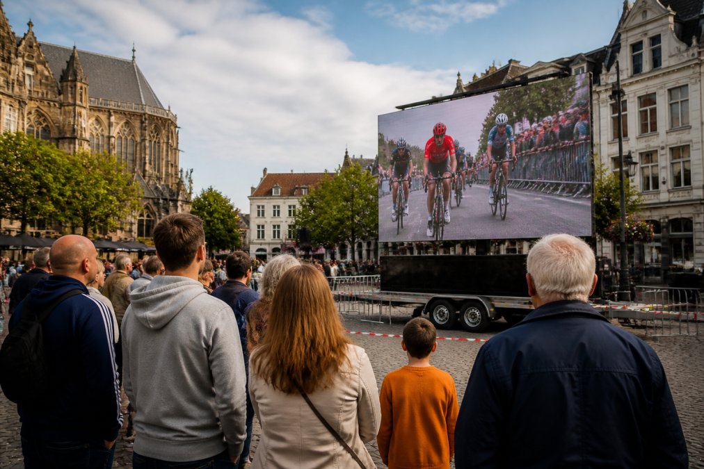 Een mobiel LED-scherm op een aanhangwagen tijdens een outdoor evenement in een Belgische binnenstad, met publiek dat in daglicht naar het scherm kijkt