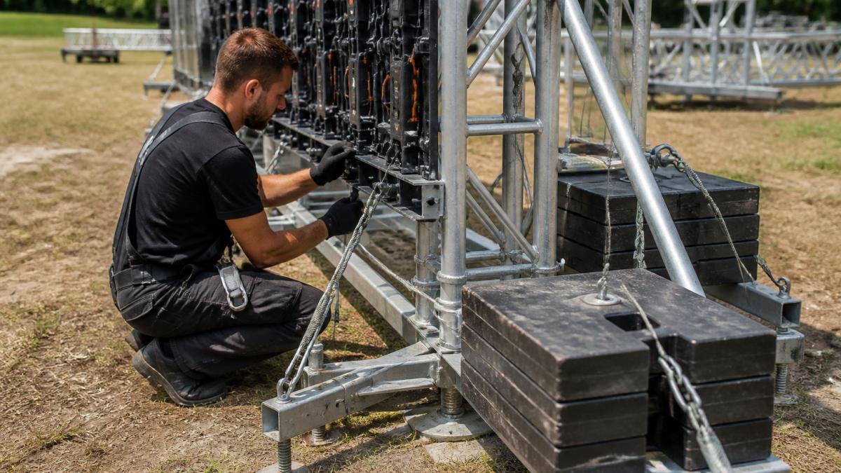 Close-up van een technicus die een LED-scherm op een stabiele metalen constructie monteert, met zichtbare ballastgewichten en veiligheidskabels op een outdoor evenemententerrein