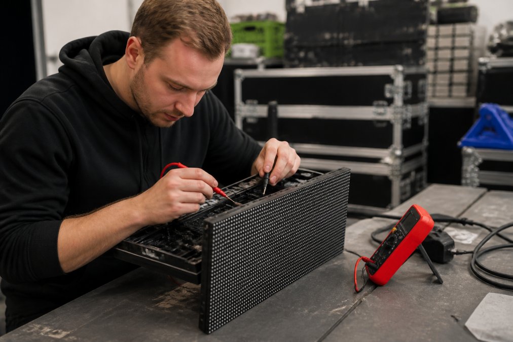 Technicus voert diagnostische controles uit op een ledschermmodule met specialistische apparatuur en meetinstrumenten in professionele werkruimte
