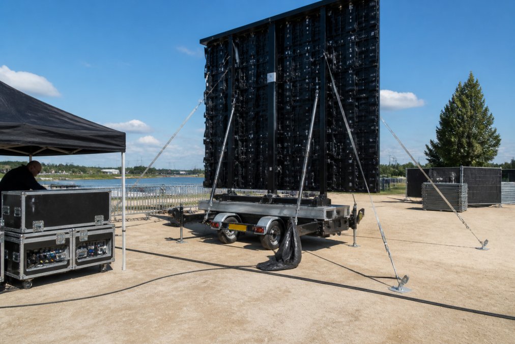 Mobiel ledscherm op aanhanger volledig operationeel op evenementlocatie met zichtbare stabilisatiekabels, regieruimte en professionele stroominstallatie in daglicht