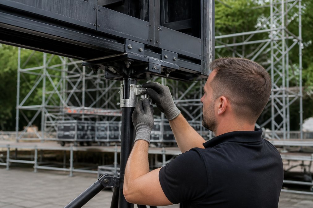 Close-up van een technieker die de bevestiging van een LED-scherm op een statief controleert op een buitenevenement, met hoge zichtbare constructie op de achtergrond