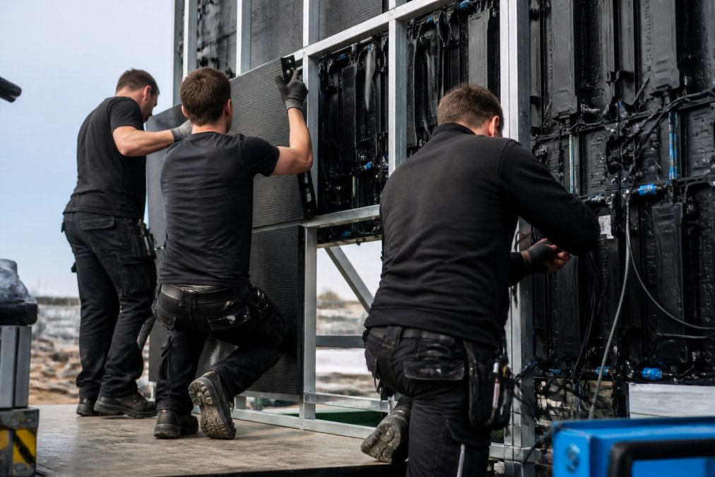 Professioneel installatieteam dat grote LED-schermmodules op stalen frame bevestigt op bouwplaats, twee werknemers gebruiken gereedschap terwijl derde persoon kabels aansluit, daglicht verlicht werkgebied