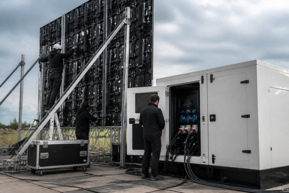 Technische montage van een groot LED scherm met aggregaat op een outdoor evenementlocatie, monteurs aan het werk