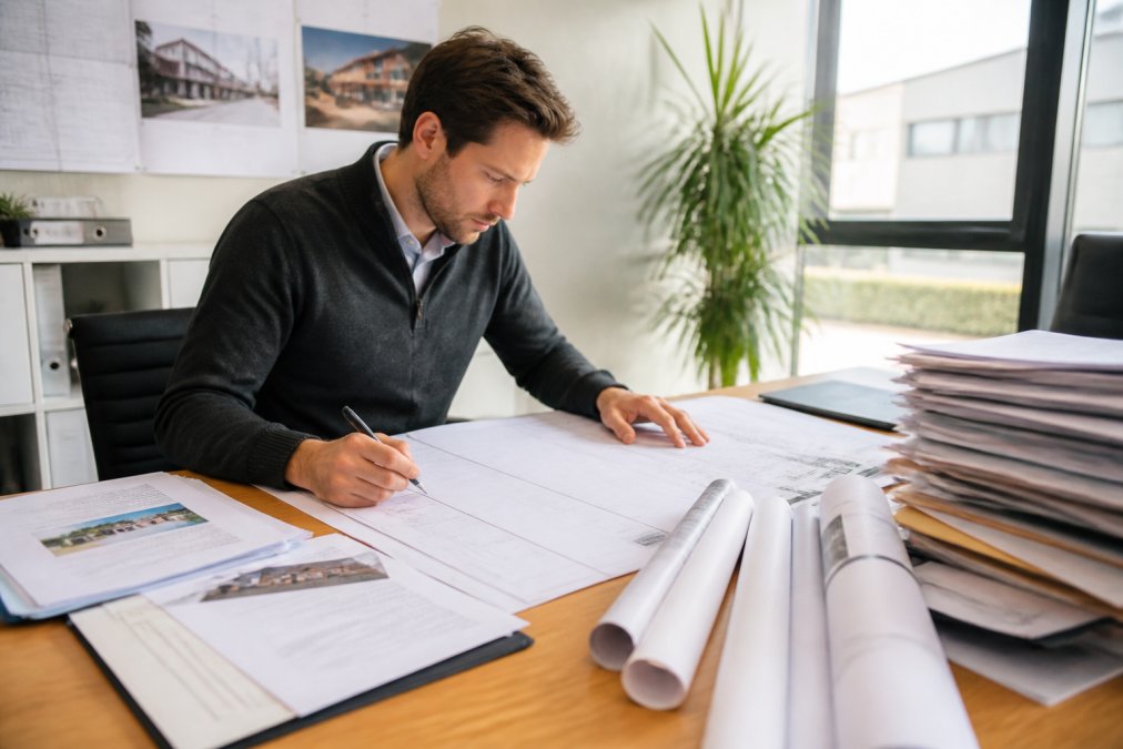 Een persoon aan een bureau met bouwplannen, een laptop en een stapel papieren documenten, bezig met het voorbereiden van een vergunningsaanvraag in een helder verlicht kantoor