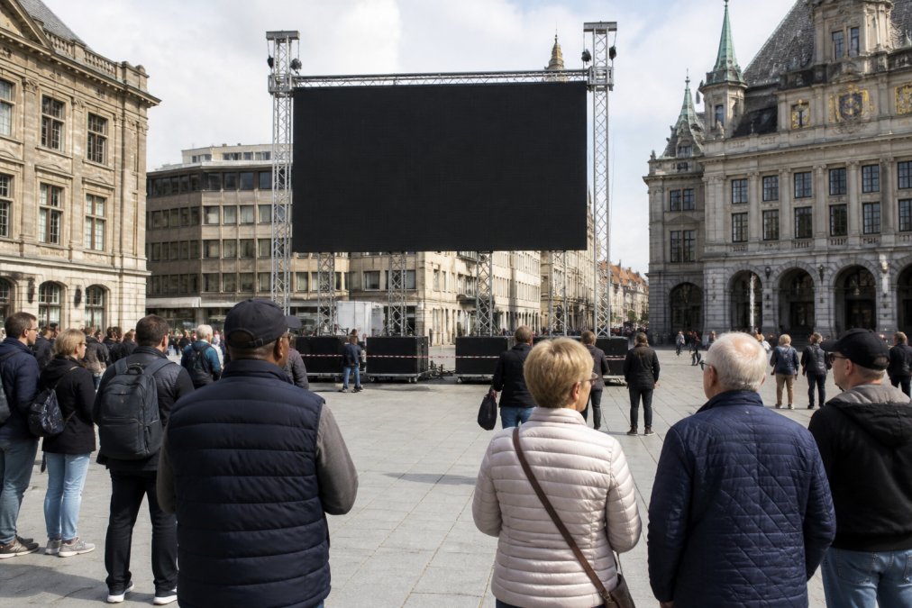 Een groot outdoor LED-scherm met hoge helderheid geplaatst op een druk stadsplein in Antwerpen, met duidelijk leesbare waarschuwingstekst, voetgangers kijken naar het scherm onder helder daglicht
