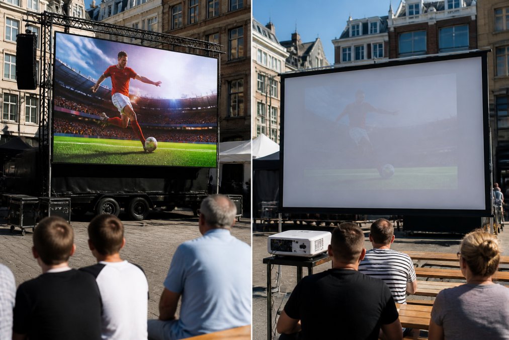 Mobiel LED-scherm buiten op een evenement in Antwerpen met fel zonlicht, waarbij het beeld duidelijk zichtbaar blijft op het display ondanks de felle daglichtomstandigheden en drukke achtergrond