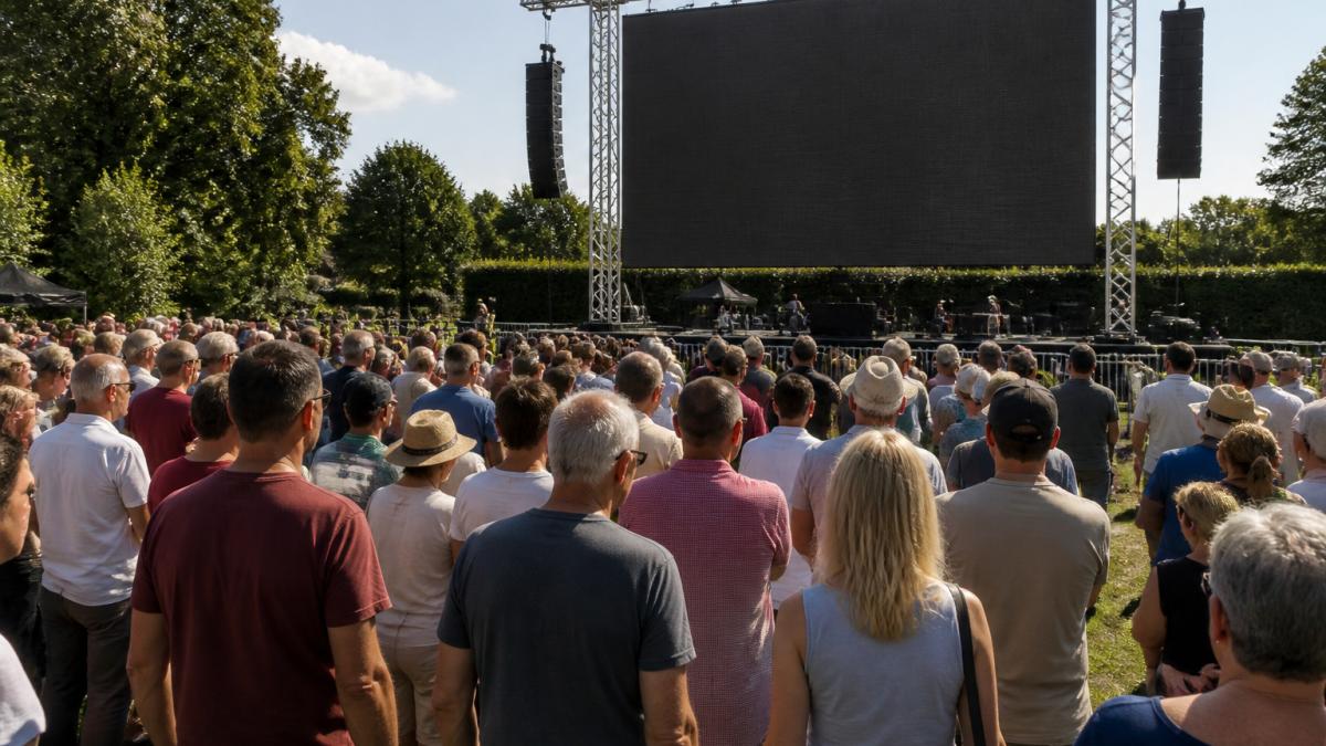 Outdoor evenement waar een groot LED-scherm op een stevig frame is gemonteerd, met bezoekers op verschillende afstanden die naar het scherm kijken, fel daglicht
