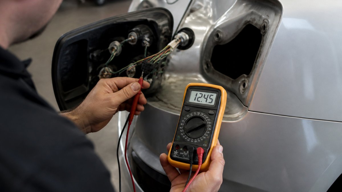 Professional mechanic using a digital multimeter to test turn signal wiring connections on a vehicle's rear light assembly, with the multimeter display clearly visible showing voltage reading