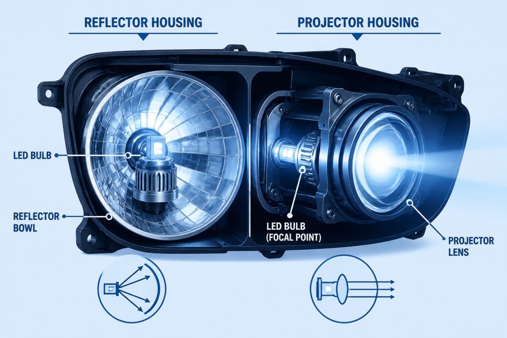 Close-up of a vehicle headlight assembly showing the internal reflector bowl and projector lens mechanism with an LED bulb positioned at the focal point, illuminated against a dark background