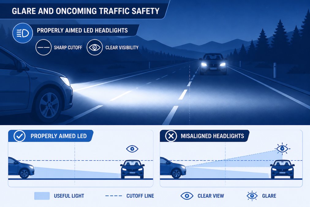 Nighttime road scene showing a vehicle with properly aimed LED headlights illuminating the road surface ahead with sharp beam cutoff, while oncoming traffic maintains clear visibility without glare interference