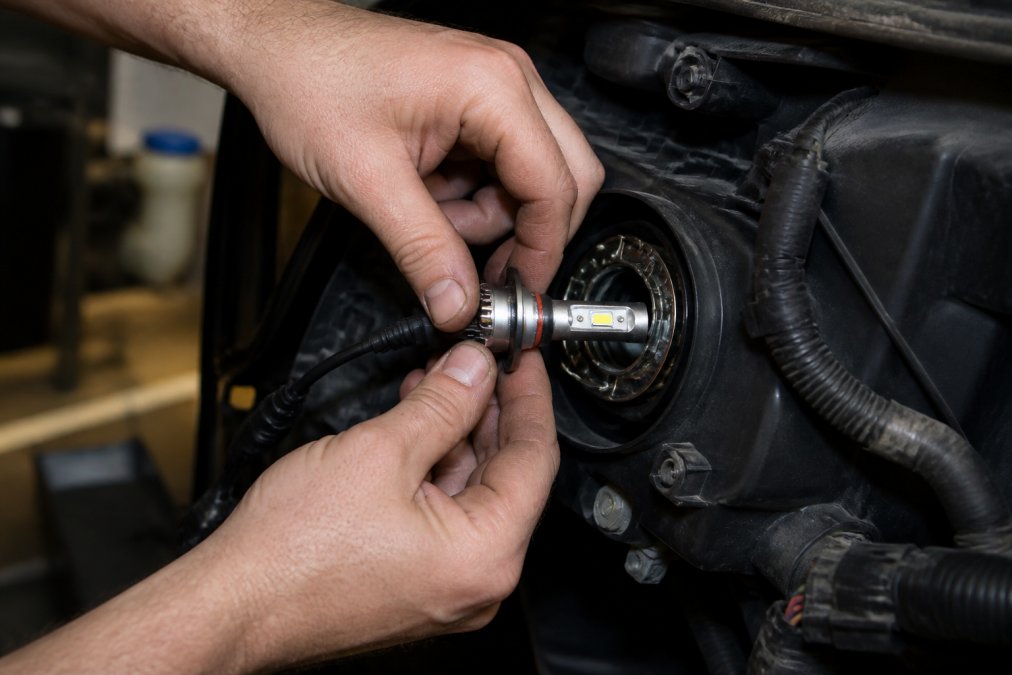 Hands installing an LED headlight bulb into a vehicle housing in a garage setting