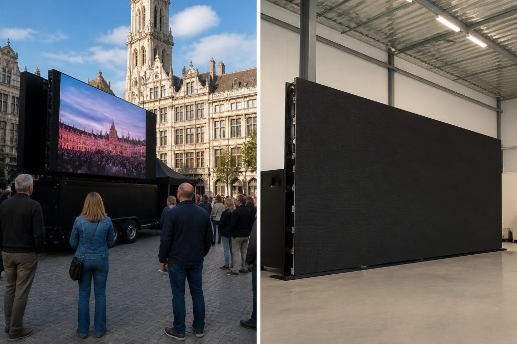 Een LED-aanhangwagen met groot scherm op een stedelijk plein in Antwerpen tijdens een buitenevenement, mensen kijken naar de heldere beelden, daglicht, realistische scène