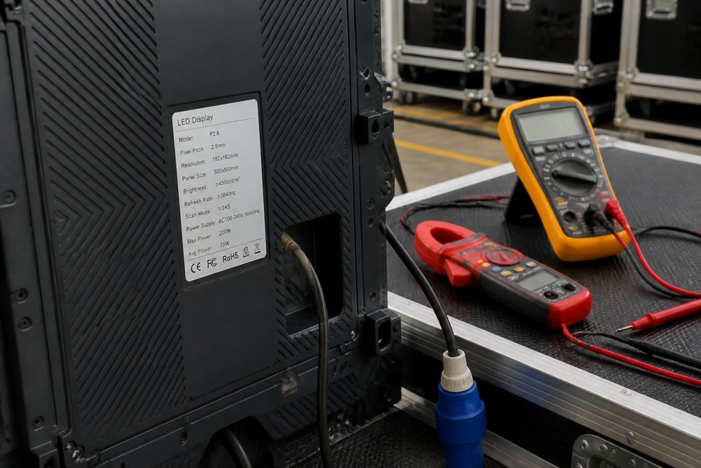 Close-up van een LED-paneel module met technische specs zichtbaar op het etiket, meetinstrumenten en digitale multimeter ernaast op een werkbank