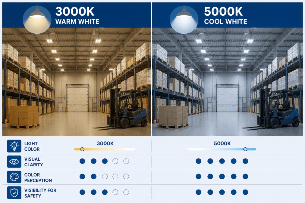 Side-by-side comparison of the same warehouse section lit with 3000K warm white and 5000K cool white LED fixtures, showing the difference in color perception and visibility