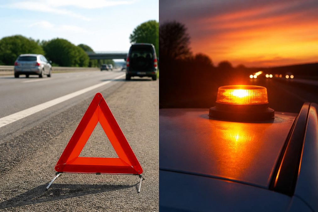 LED Warning Light vs Reflective Triangle: Which Is Safer? A split scene showing a reflective triangle on the hard shoulder of a motorway in daylight next to a bright LED beacon flashing on a car roof at dusk