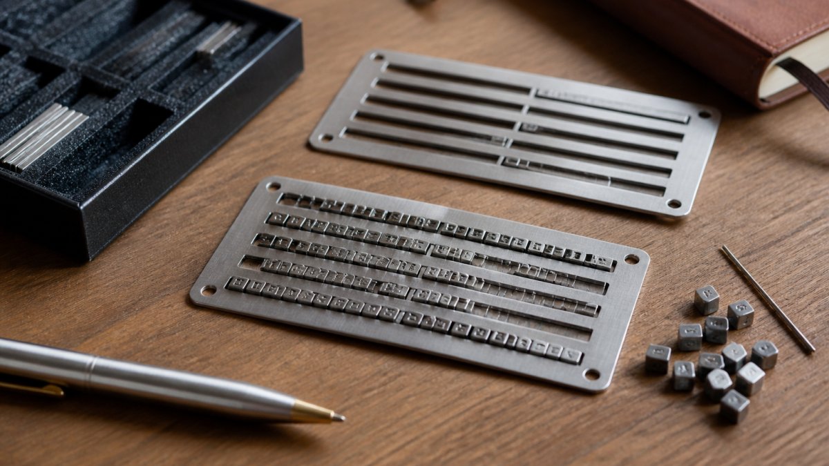 Close-up of metal seed phrase storage plates with letter tiles arranged on a desk, showing the physical backup setup for cryptocurrency recovery phrases
