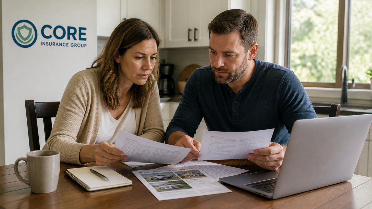 A couple sitting at a kitchen table with printed insurance documents, a laptop, and a notepad, reviewing coverage options together in natural daylight