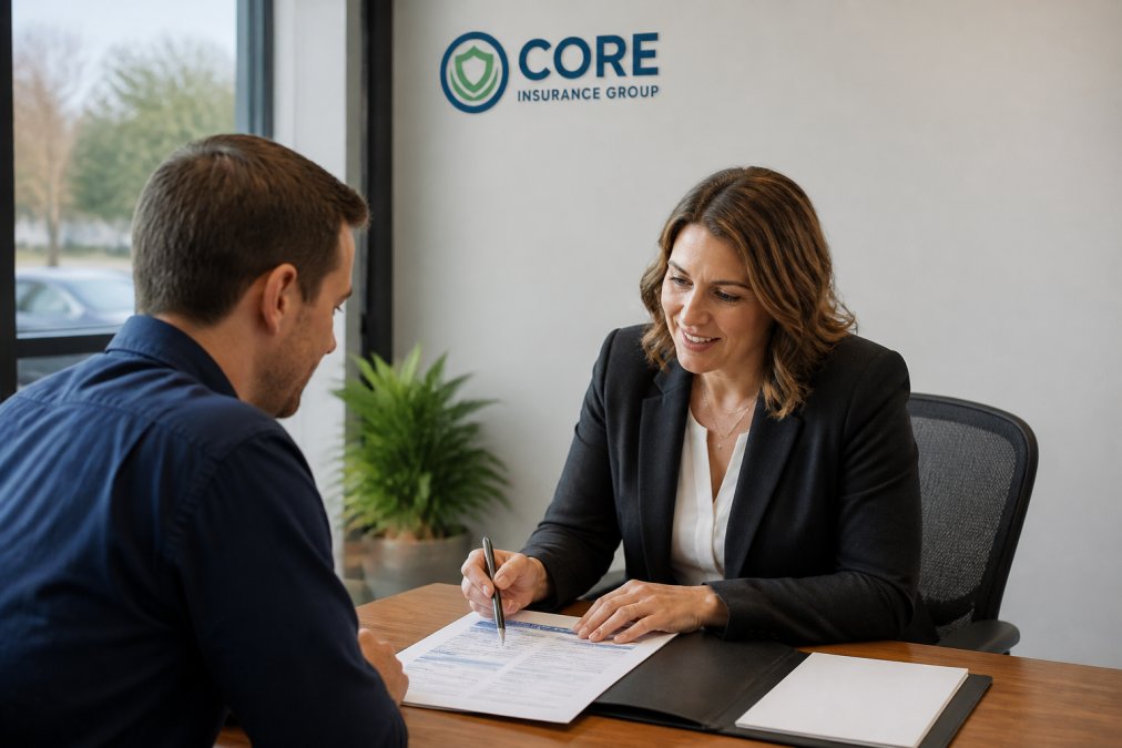 Professional insurance agent in business attire sitting at a modern desk across from a client, reviewing policy documents together with a warm, attentive expression in a well-lit office
