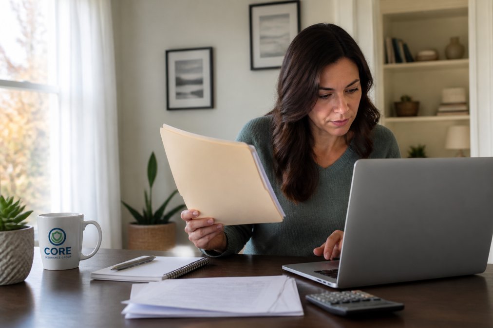Homeowner holding a folder of insurance documents while reviewing information on a laptop screen at home, preparing to transition policies to a new insurance provider