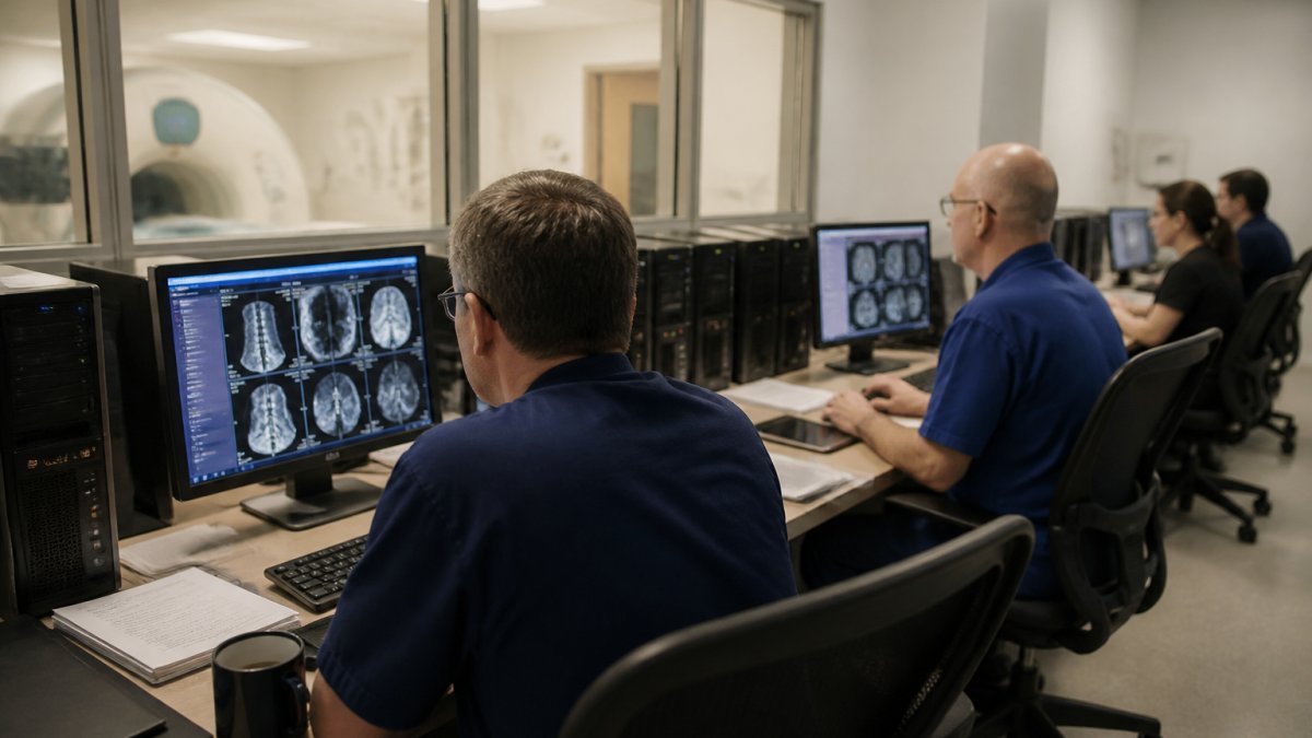 Healthcare IT team monitoring multiple screens displaying imaging data and system status indicators during a PACS transition in a modern control room