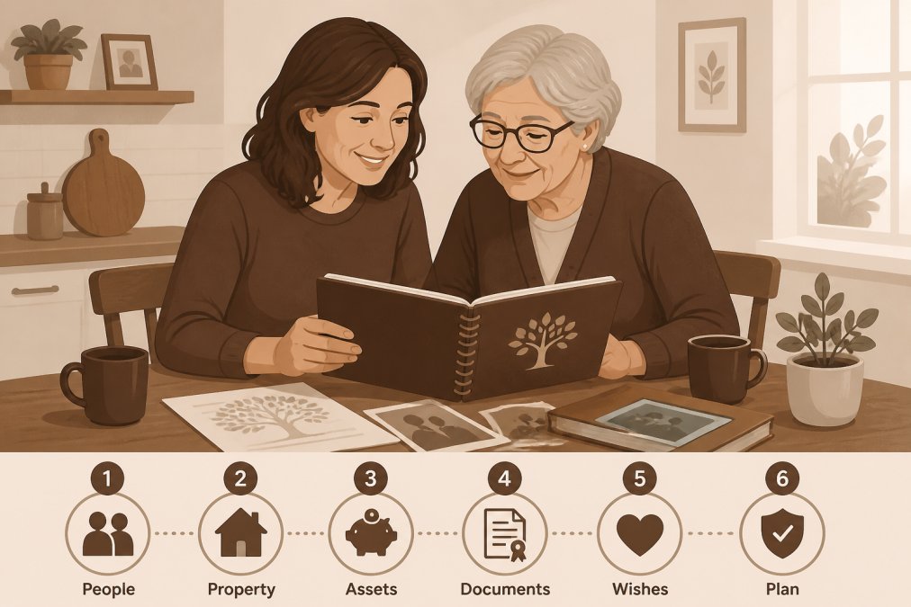 An adult daughter and her elderly father sitting together at a kitchen table, both looking warmly at an open notebook filled with handwritten notes, soft morning light coming through a window, relaxed and intimate atmosphere