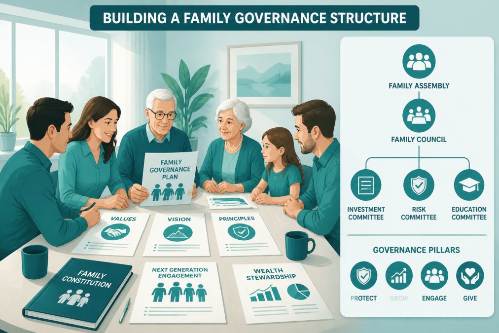 Multi-generational family gathered around a dining table with financial documents, reviewing plans together in natural afternoon lighting