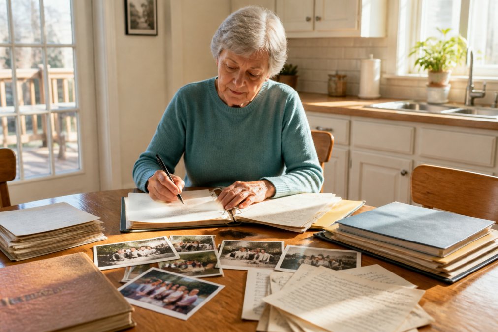 Older adult sitting at a wooden kitchen table surrounded by family photos, handwritten letters, and documents, carefully organizing items into labeled folders with a pen in hand, warm afternoon sunlight streaming through the window