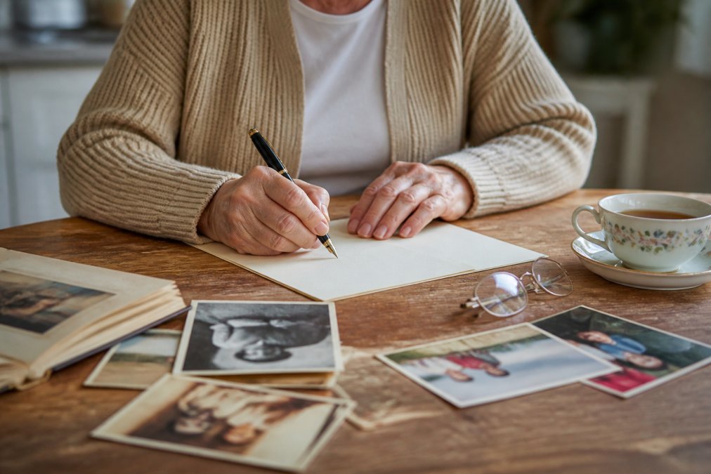 Close-up of an older adult's hands holding a pen, writing on cream-colored stationery at a kitchen table surrounded by family photographs and reading glasses, a warm cup of tea nearby, soft natural light illuminating the handwritten words