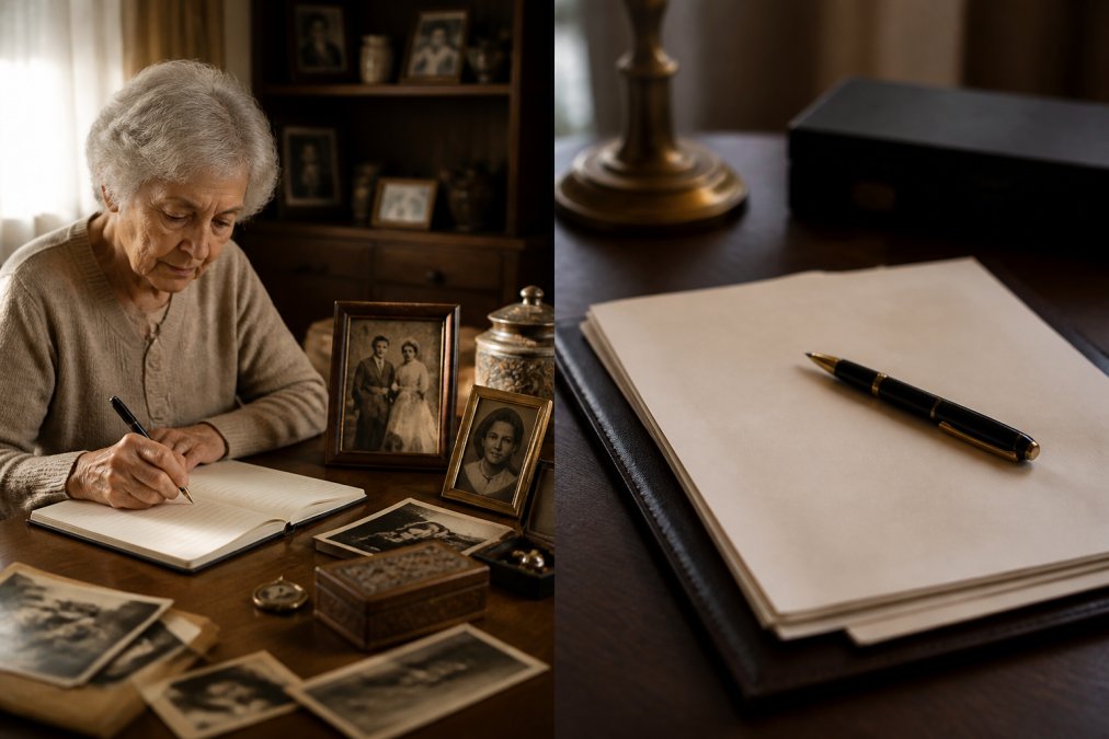 Older adult writing thoughtfully in a journal at home, surrounded by family photographs, heirlooms, and mementos on a wooden desk, natural window light illuminating the scene