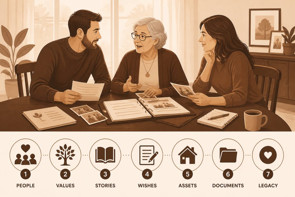 Adult children and aging parent sitting together at a dining table reviewing documents and photographs, having an engaged conversation, warm natural lighting through windows