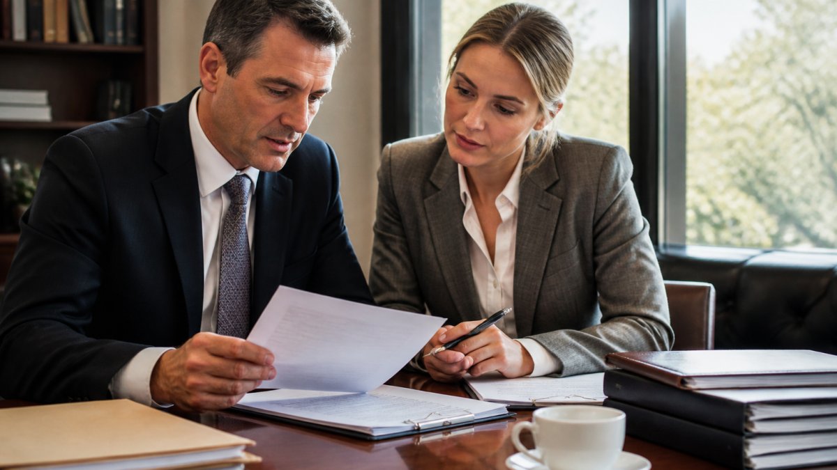 A business owner and attorney reviewing contracts to address legal aspects of buying a business in an office.