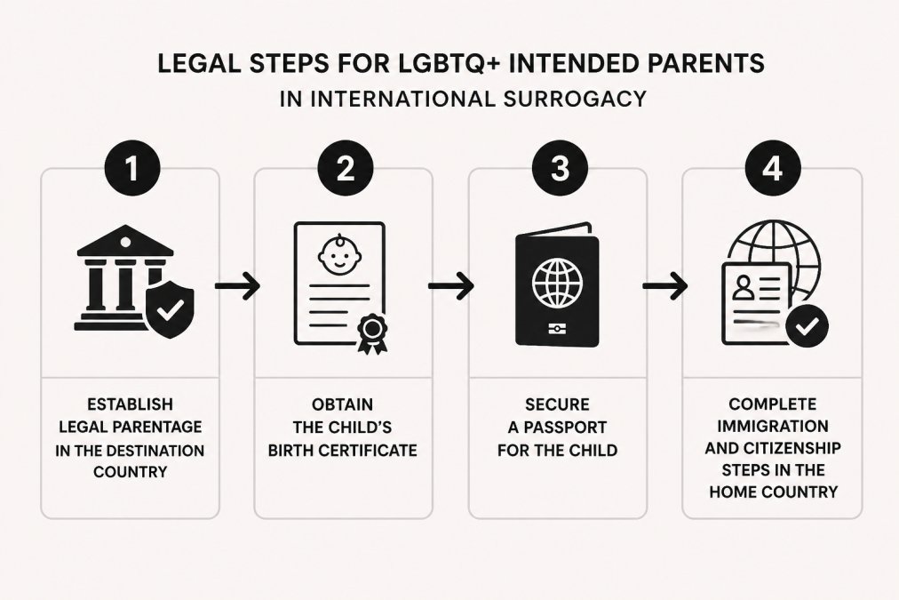 Flowchart showing four legal steps for LGBTQ+ Intended Parents: 1. Establish legal parentage in the destination country, 2. Obtain the child's birth certificate, 3. Secure a passport for the child, 4. Complete immigration and citizenship steps in the home country