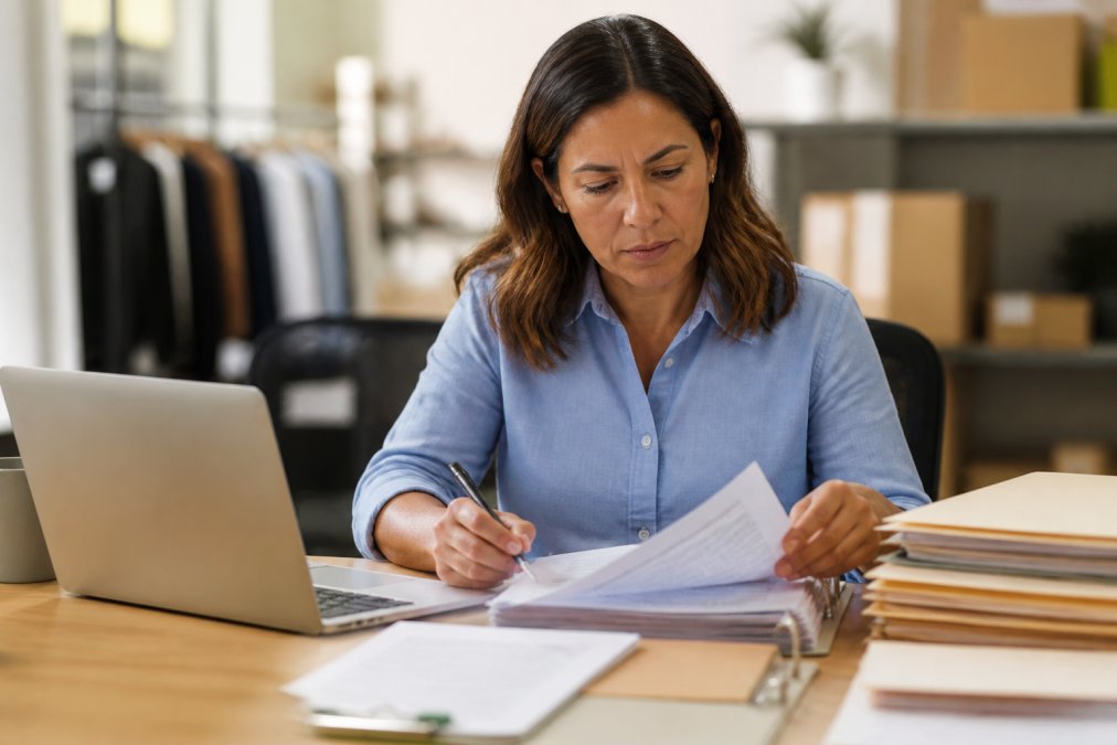 Business owner reviewing compliance documentation and checklist at desk with laptop and organized files, natural office lighting