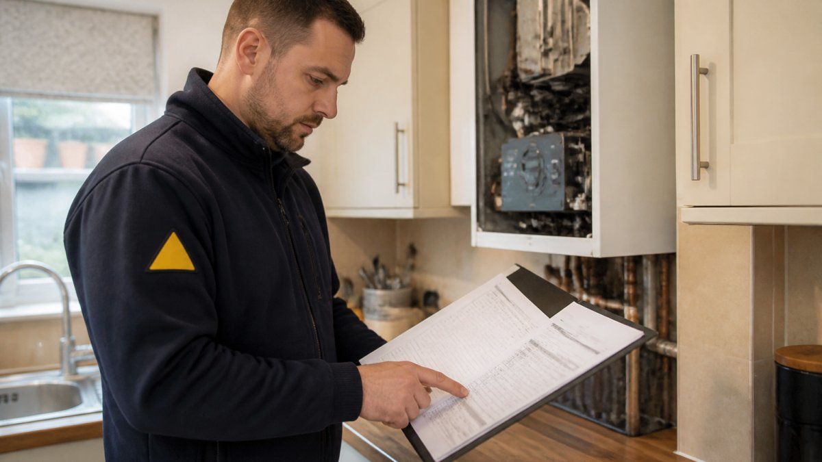 Gas Safe registered engineer in uniform holding a clipboard with safety documentation, standing in front of a boiler in a domestic kitchen, pointing to inspection records