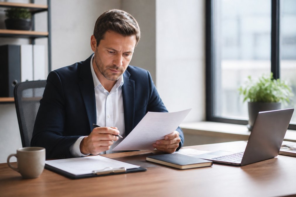 Professional business consultant reviewing legal contract document at modern desk with laptop, pen, and coffee cup in bright office setting with natural window lighting