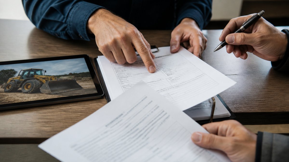 Close-up of hands reviewing paperwork and contract documents on a desk with a tablet showing equipment specifications nearby