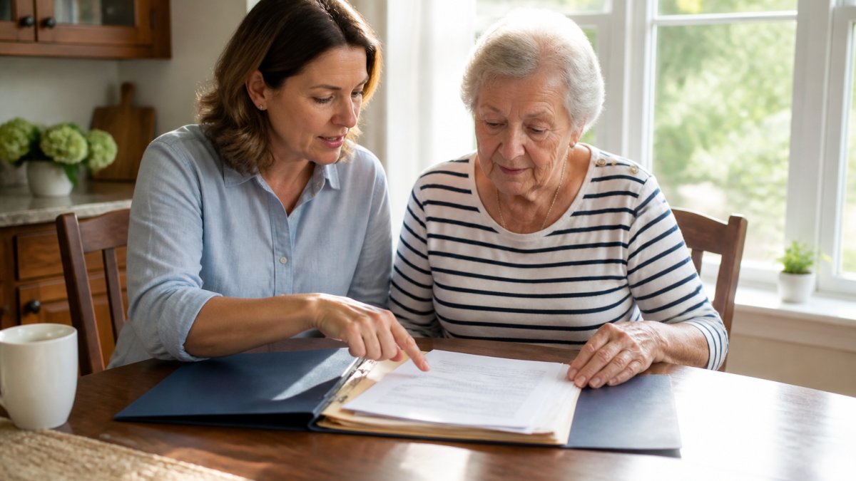 An adult daughter and her elderly mother sitting at a kitchen table with a folder of documents, reviewing a checklist together in a warm, sunlit home setting