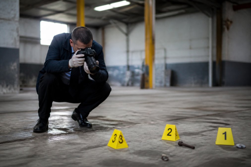 A private investigator in professional attire crouching to photograph numbered evidence markers on a concrete floor with a DSLR camera, a weathered industrial building interior visible in the background under fluorescent lighting