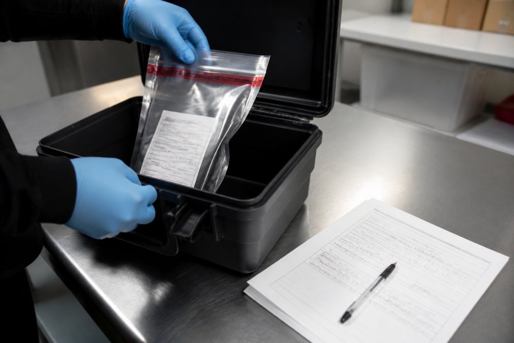 Close-up of gloved hands placing a sealed, labeled evidence bag into a rigid storage container on a stainless steel table, a handwritten chain of custody form and pen visible alongside under bright overhead lighting